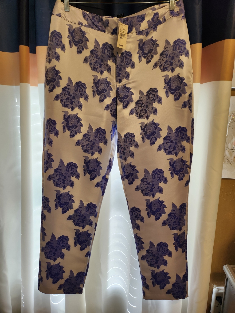 Ashley Stewart Grey Straight Leg Pants with Purple Floral Print